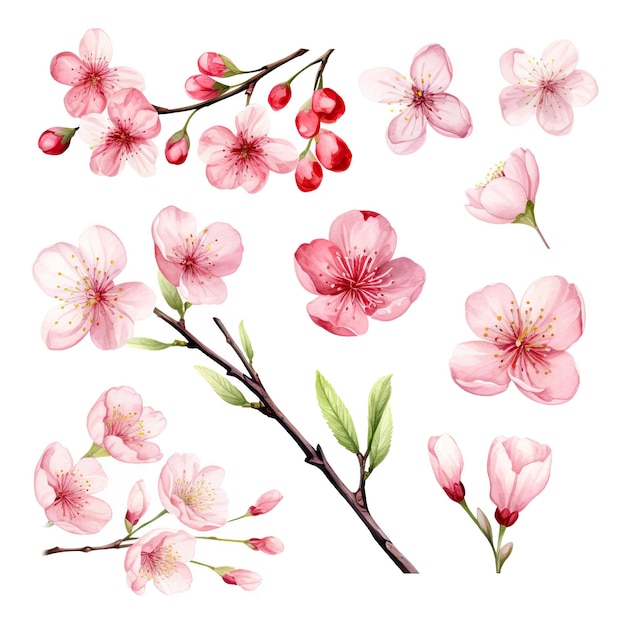 Colección de flores de cerezo en acuarela vectorial