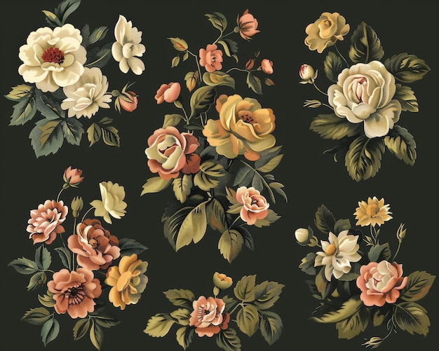 Foto colección de flores clásicas dispuestas en un estilo de tapiz vintage continuo