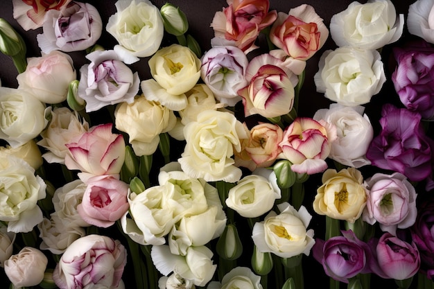 Una colección de flores de eustoma en diferentes tonos y colores.