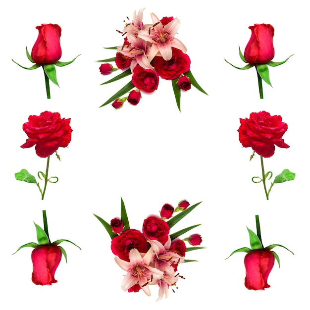 Colección de flores de lirio y rosa aisladas sobre fondo blanco. Florística, ramos de flores, regalo de boda. Vista plana endecha, superior. Hermosas rosas, lirios rojos. Día de San Valentín, amor. Espacio para texto