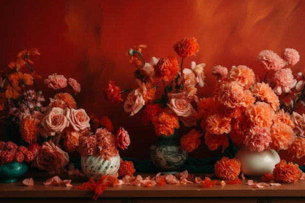 Una colección de flores sobre una mesa con flores naranjas.