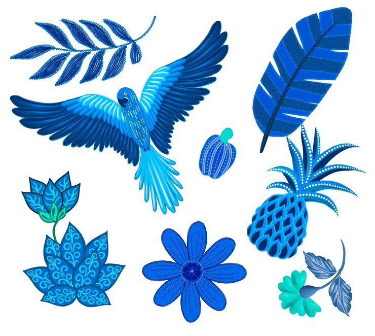 Foto una colección de flores tropicales azules y verdes y pájaros azules