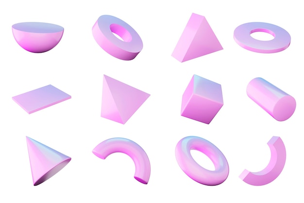 Colección de formas geométricas 3D rosadas aisladas en blanco