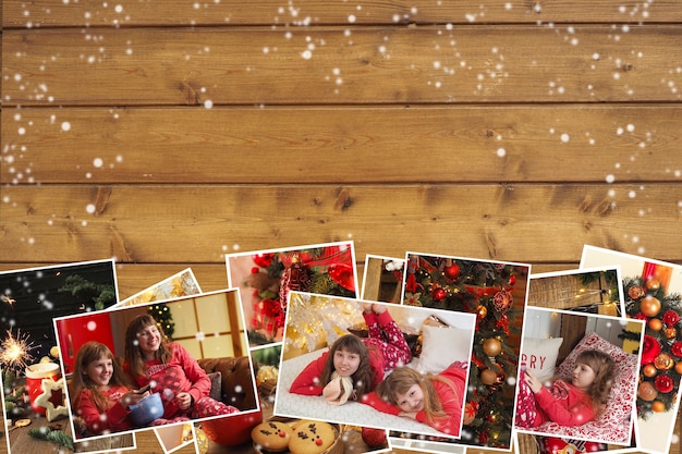 Foto colección de fotos de navidad con niños en pijama, galletas, decoración y mesa sobre fondo marrón madera. copia espacio