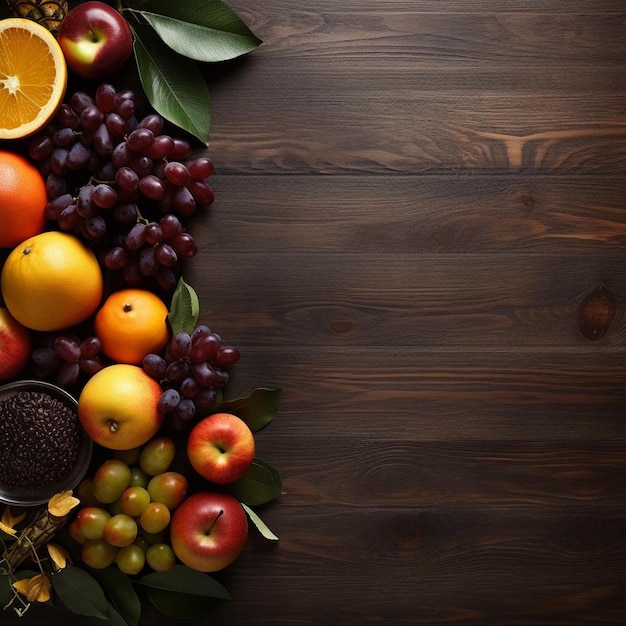 Una colección de frutas y bayas sobre un fondo de madera.