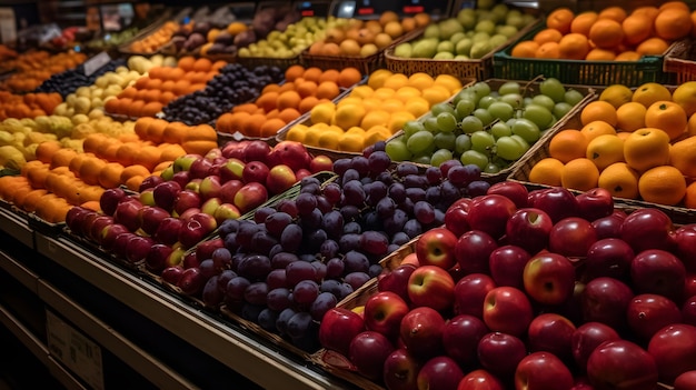 Una colección de frutas en un estante de supermercado productos de fruta fresca en el centro comercial ai generativo