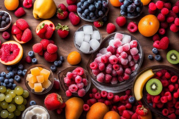 una colección de frutas, incluidas frambuesas, arándanos y naranjas