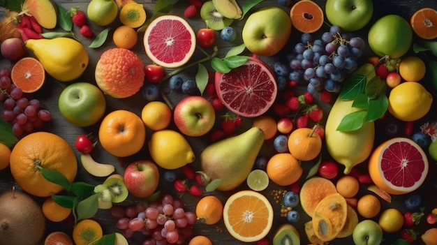 Colección de frutas mixtas vista aérea plana IA generativa