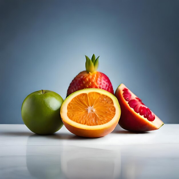 una colección de frutas que incluyen fresas, fresas y naranjas.