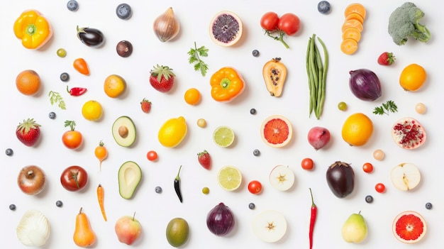 Colección de frutas y verduras aisladas sobre fondo blanco para su proyecto