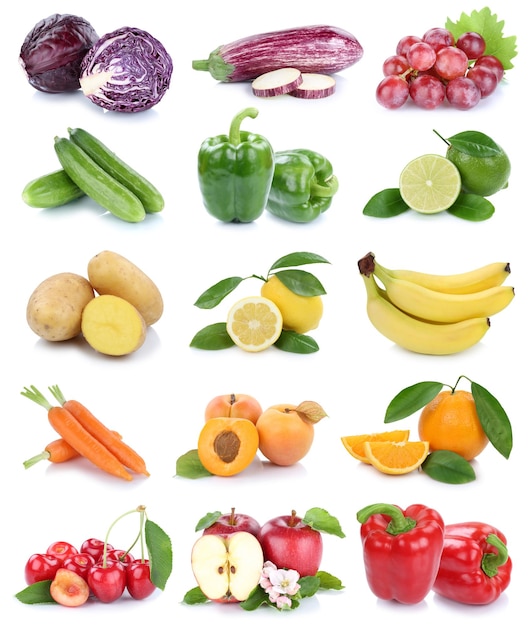 Colección de frutas y verduras aislado manzana naranja zanahorias colores fruta fresca