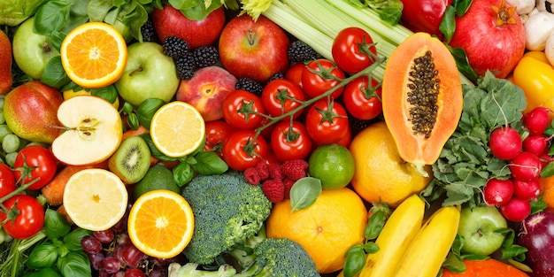 Colección de frutas y verduras fondo de alimentos banner manzanas naranjas tomates fruta fresca verdura