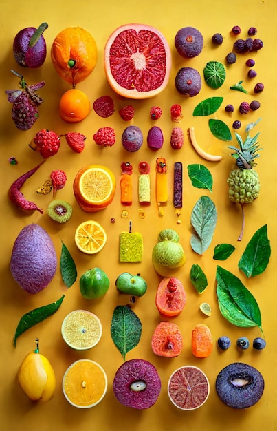Una colección de frutas y verduras, incluida una que es morada y verde.