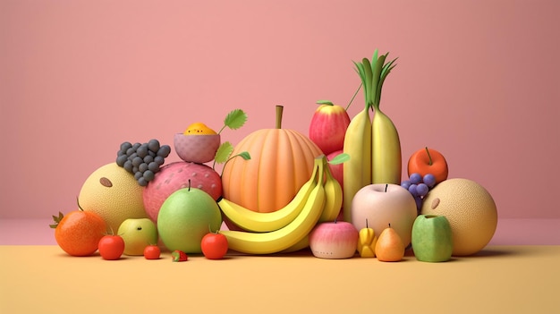 una colección de frutas y verduras que incluye una calabaza, plátanos y otras frutas.