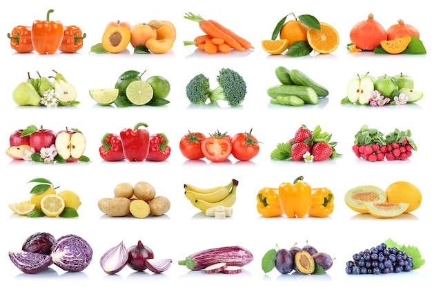 Foto colección de frutas y verduras tomates de manzana aislados uvas naranjas colores fruta fresca