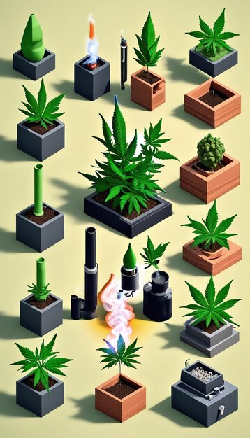 Colección de fumadores de cannabis isométricos en 3D