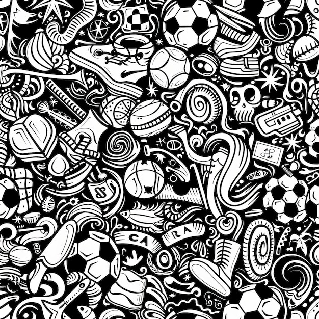 una colección de garabates que incluyen pelotas de fútbol, pelotas de futbol y otros objetos