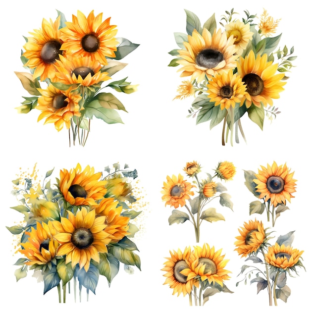 Colección de girasoles en acuarela