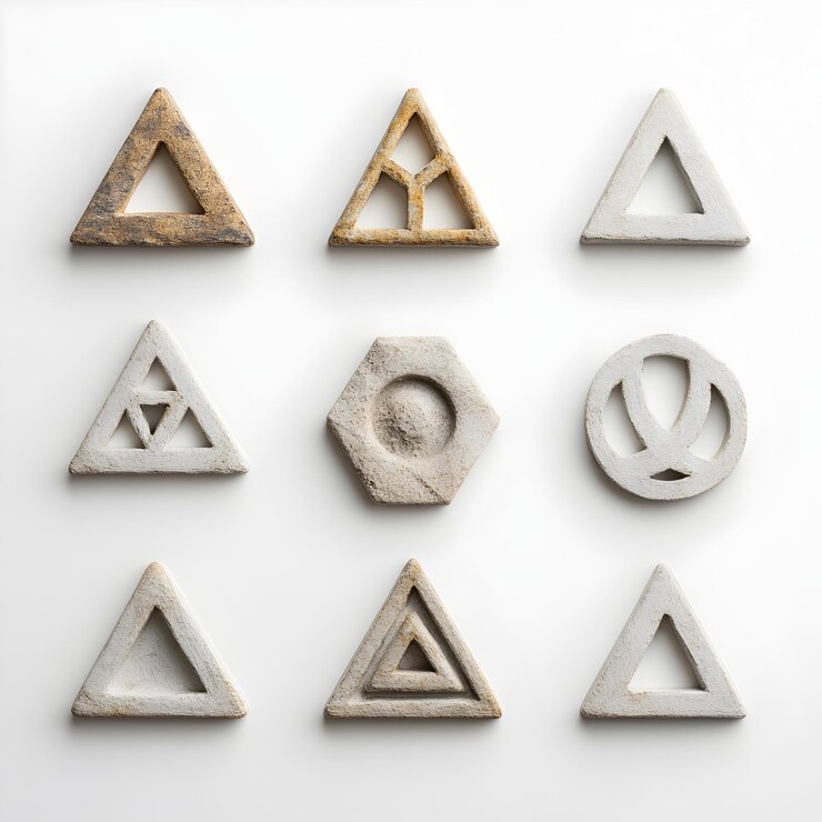 Foto colección de glifos geométricos místicos y símbolos en varias formas como triángulos hexágonos y círculos renderizados en cerámica de piedra o arcilla sobre un fondo blanco limpio para un primitivo minimalista