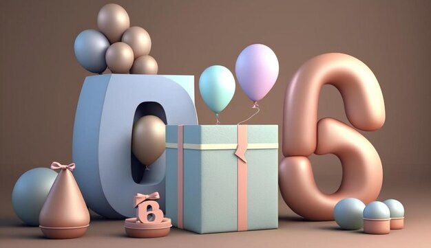 Una colección de globos y una caja con el número 6