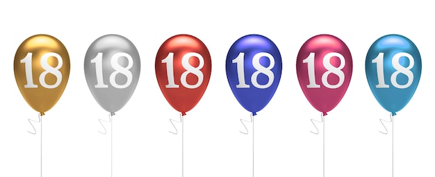 Colección de globos de cumpleaños número 18 oro plata rojo azul rosa 3D Rendering