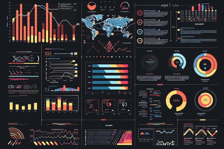 Foto una colección de gráficos y gráficos coloridos con un mapa del mundo en el fondo datos globales y tendencias análisis de datos y el uso de la información en los negocios
