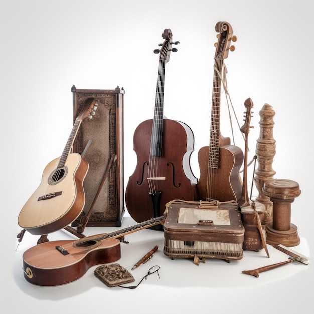 Una colección de guitarras y otros instrumentos, incluida una guitarra, una guitarra y una caja.