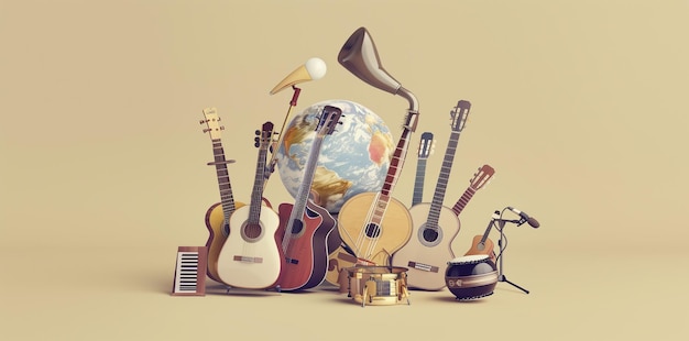 una colección de guitarras y otros instrumentos, incluido un globo