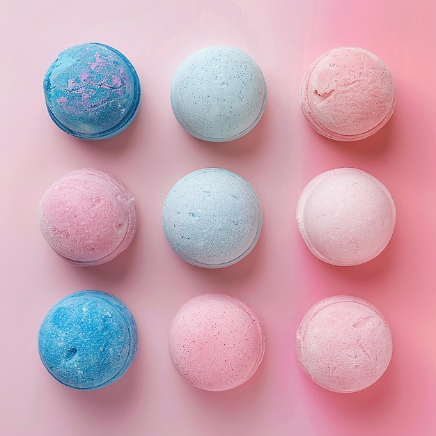 una colección de helados coloridos se muestran en un fondo rosa