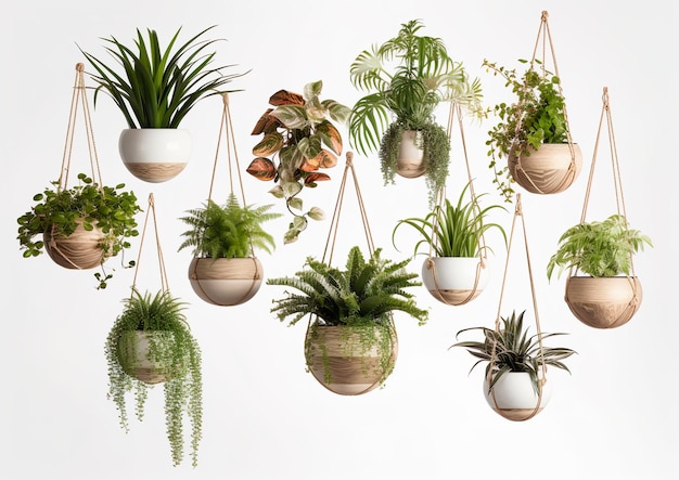 Colección de hermosas plantas colgadas en cerámica