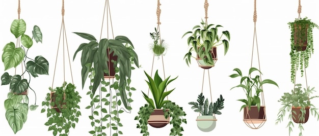 Colección de hermosas plantas colgadas en varias macetas aisladas en un espacio de copia de fondo transparente
