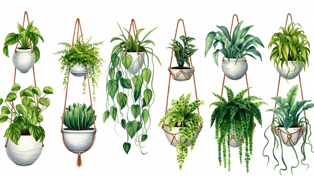 Colección de hermosas plantas colgando en varias ollas de cerámica aisladas sobre un fondo blanco