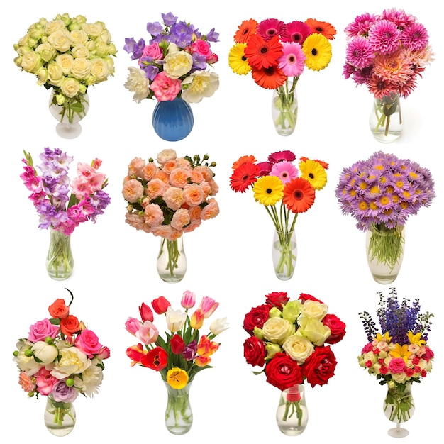 Colección de hermosos ramos de flores en jarrones aislados sobre fondo blanco Vista superior plana