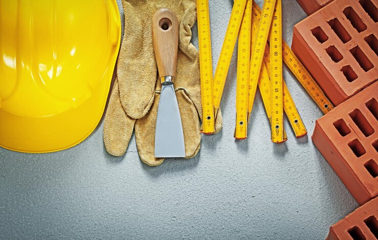 Foto colección de herramientas de albañilería sobre el concepto de construcción de fondo de hormigón.