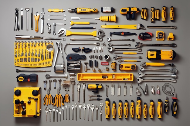 Foto colección de herramientas de garaje organizadas sobre un fondo blanco simétrico