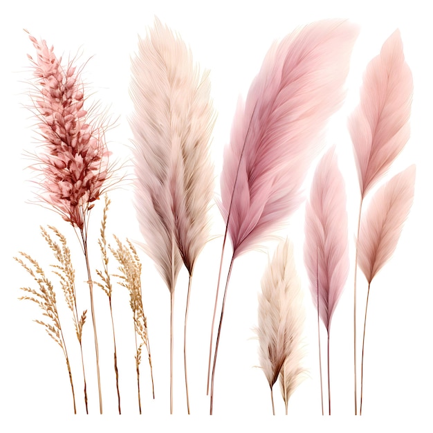 Foto colección de hierba de pampas sobre fondo blanco cortaderia selloana botánico boho elementos florales