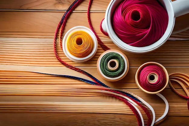 Una colección de hilos de colores sobre una mesa de madera.