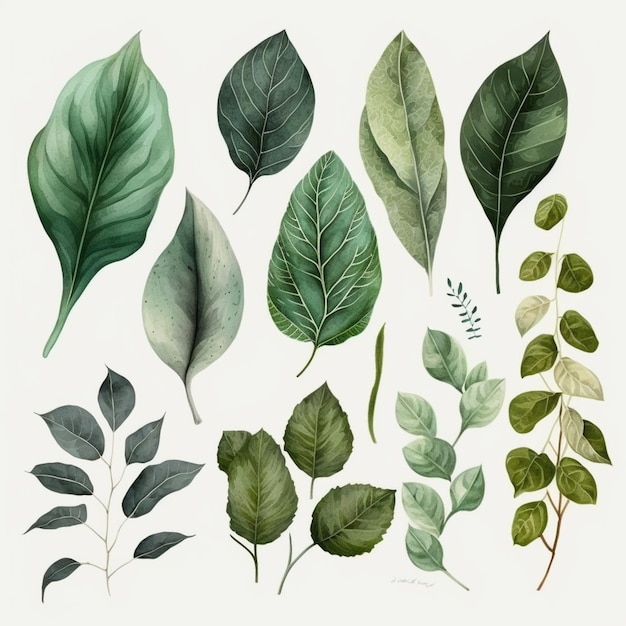 Foto una colección de hojas con diferentes formas y colores.