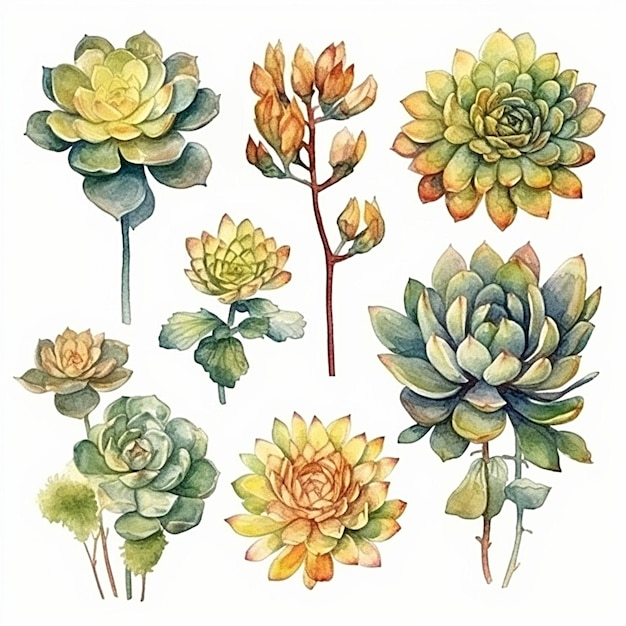 Colección de hojas y flores de acuarela Aeonium