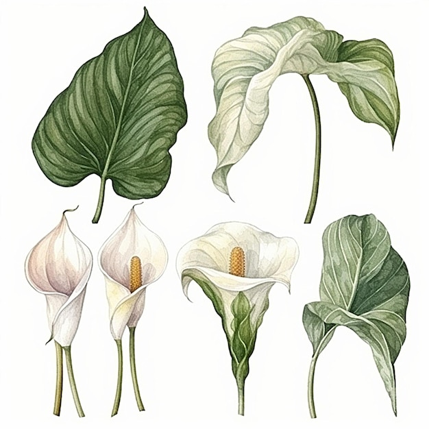 Colección de hojas y flores de acuarela Arum Lily