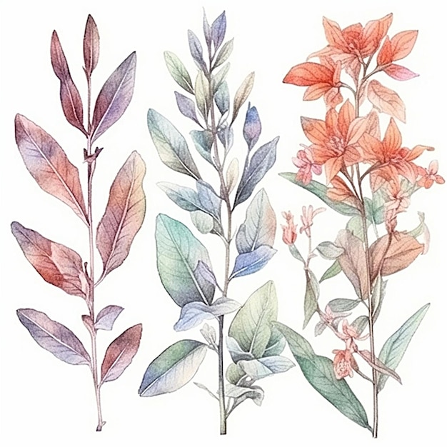 Colección de hojas y flores de salvia de otoño acuarela