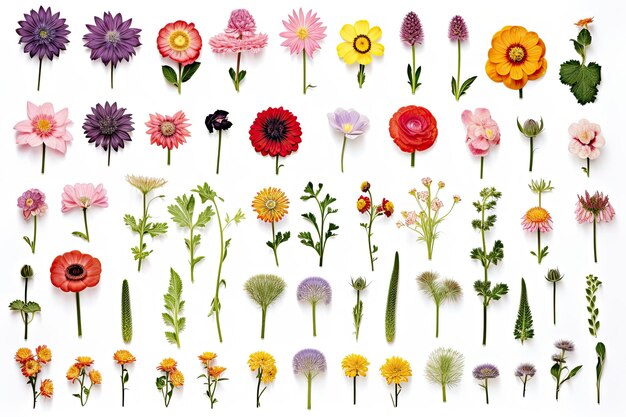 Una colección de hojas de flores TopView e imágenes pastel de flores de jardín individuales aisladas en un