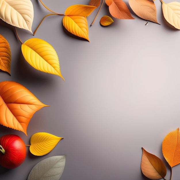una colección de hojas y frutas de otoño sobre un fondo gris.