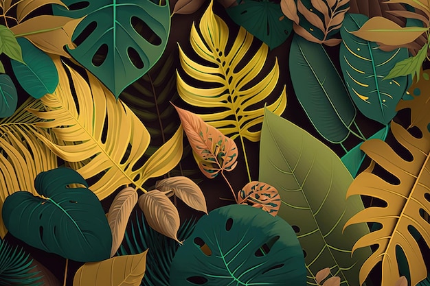 Una colección de hojas tropicales que crea una imagen visualmente impactante y vibrante IA generativa