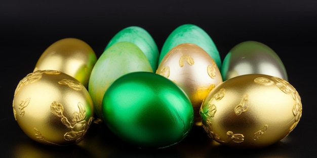 Una colección de huevos de pascua con colores dorado y verde.