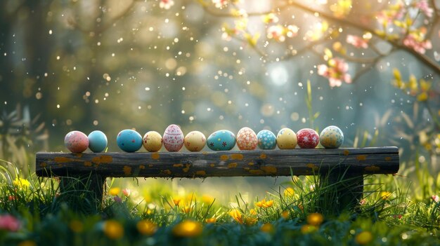 Colección de huevos de Pascua coloridos hierba verde telón de fondo de prado banco rústico para la festividad de primavera AI Generative
