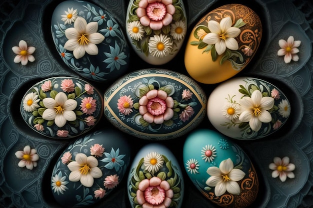 Una colección de huevos de Pascua decorados con flores.