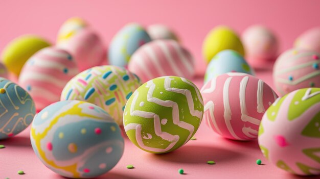 Foto colección de huevos de pascua decorados con varios patrones y colores esparcidos en una superficie rosada