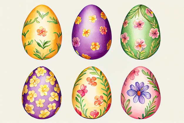 Colección de huevos de Pascua decorativos de acuarela. IA generada