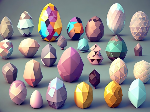 Una colección de huevos de pascua con diferentes colores y formas.